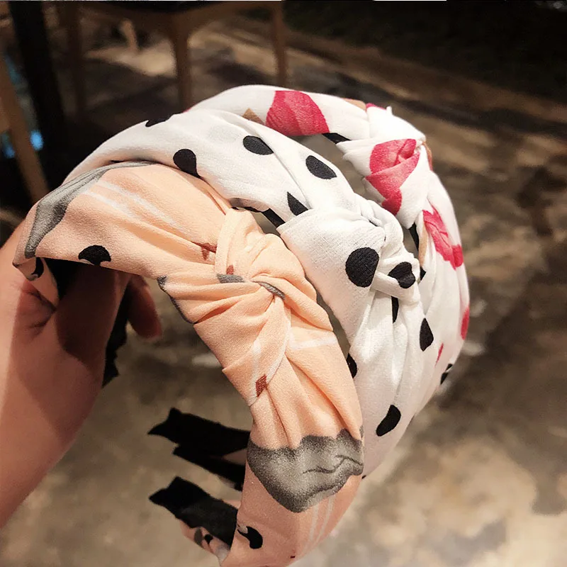 Korean Knotted Headband for Women Temperament Hair Accessories Girl Wave Point Solid Color Hair Bands Stripe Printing Headbands