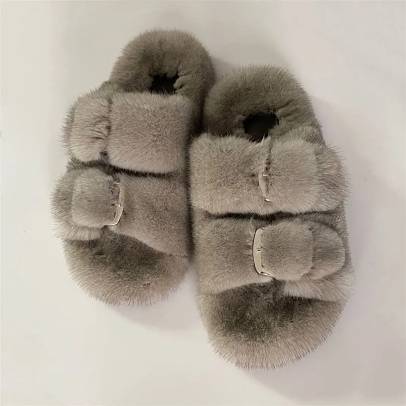 Winter Fashion Fur Slippers Luxury Women Indoor Slippers Outdoor Casual Warm Fluffy Slippers Ladies Flat Shoes Mink Fur Slippers