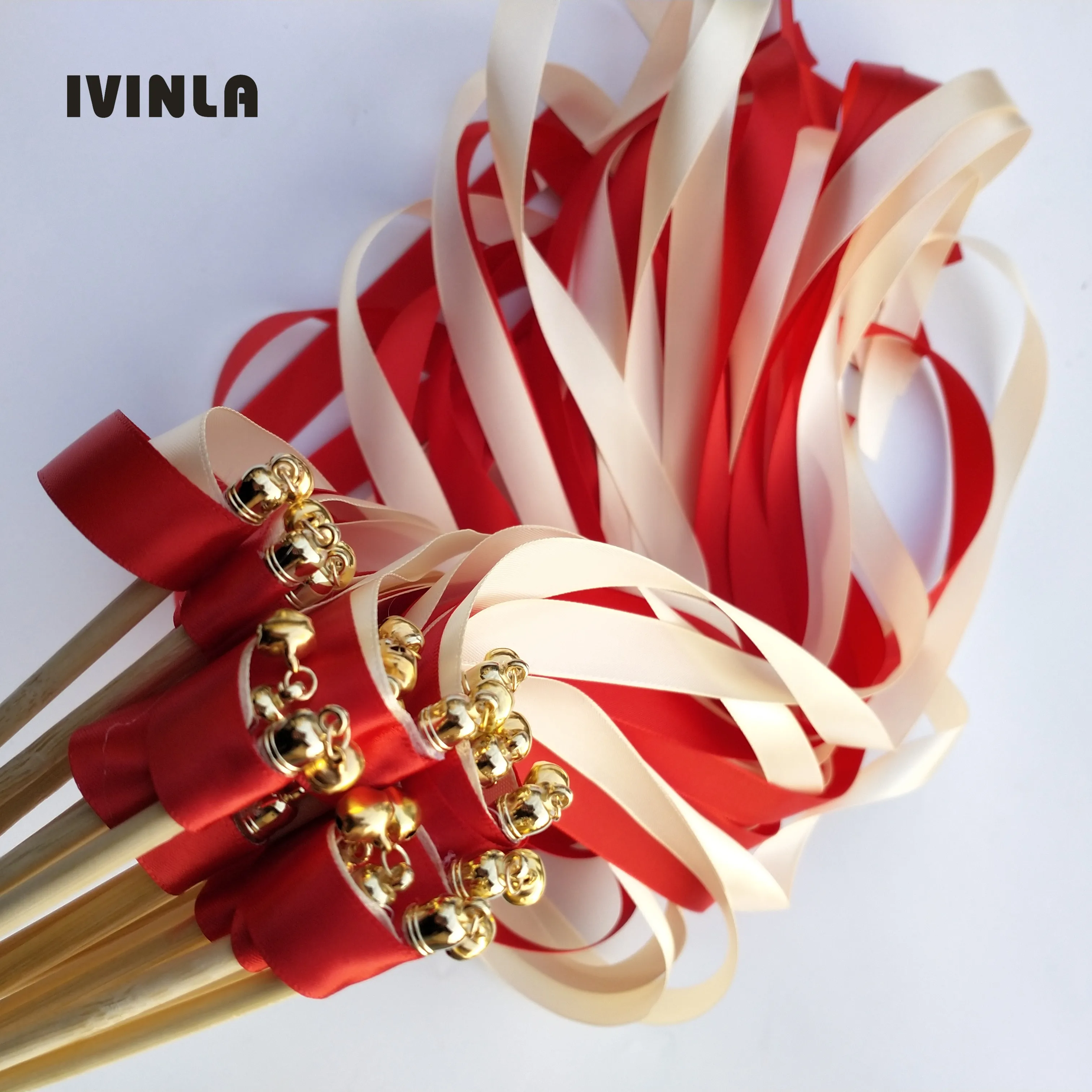 50pcs/lot red wedding ribbon sticks With gold Bells for wedding decoration