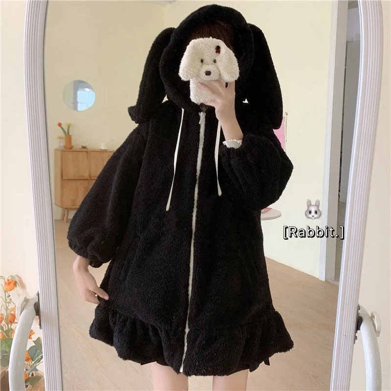 Kawaii Hoodies Women Winter  Fashion Bunny Ears Sweatshirt Women Long Sleeve Cute Tops Warm Zip Up Hoodies