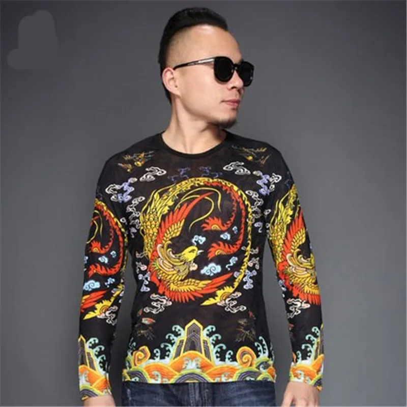 Chinese Style Dragon Robe Costume Spring And Summer Young Men's Slim Round Neck Long-Sleeved T-Shirt Large Size Base Shirt Soft