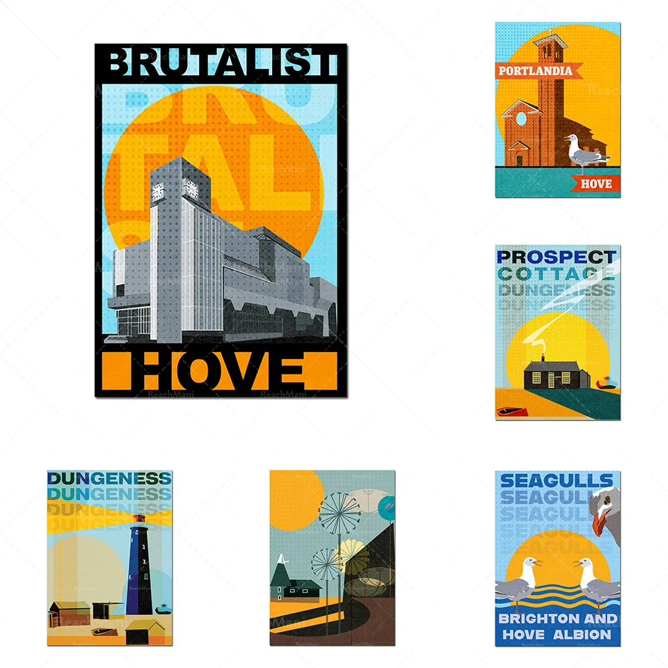 Lighthouse, medieval, retro, landscape and Oast House art, seagull art print poster