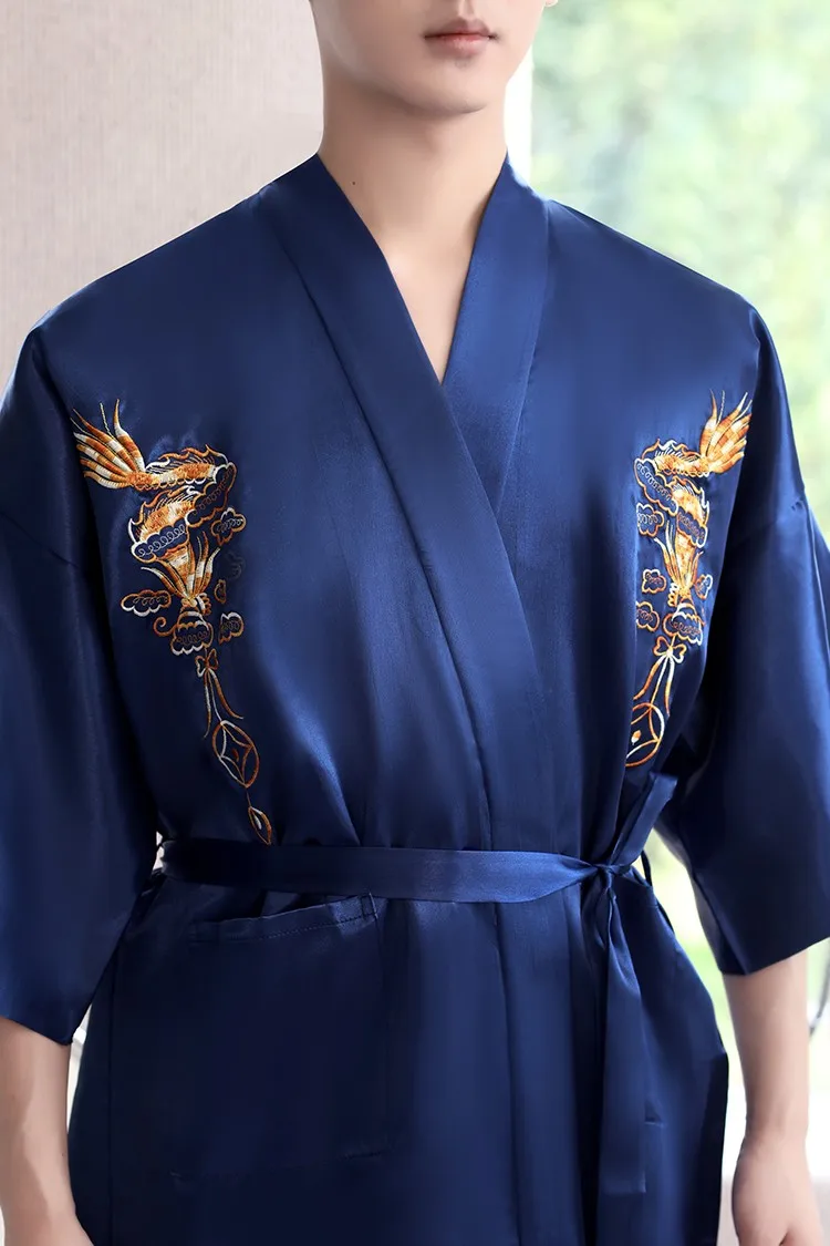 Navy Blue Embroidery Dragon Robe Nightgown Men Kimono Bathrobe Gown Satin Silk Sleepwear Nightwear  Loose Casual Home Clothes