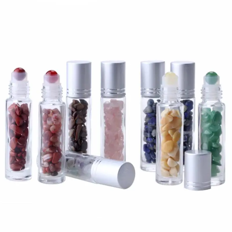 Essential Oil Diffuser 10ml Clear Glass Roll on Perfume Bottles with Crushed Natural Crystal Quartz Stone LX2976