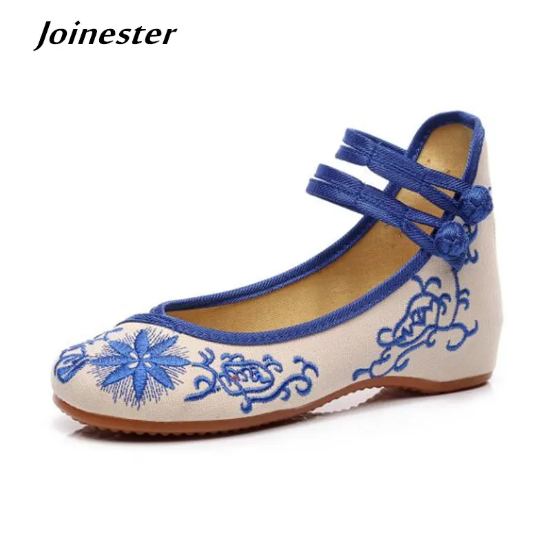 Chinese Ethnic Style Floral Totem Embroidered Height Increase Wedges Shoe Trendy Mary Jane Round Toe Vintage Casual Pumps Shoe