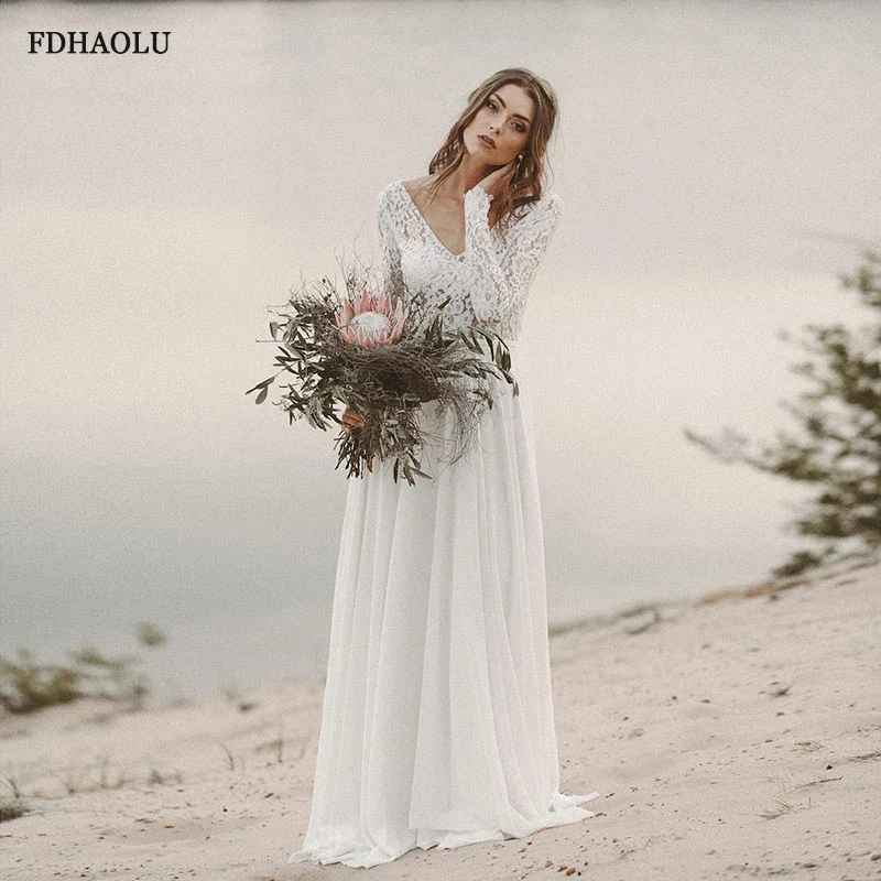 FDHAOLU – robe de mariée en mousseline de soie, col en v, manches longues, dos ouvert, style Boho, robe de soirée, traîne, FU73