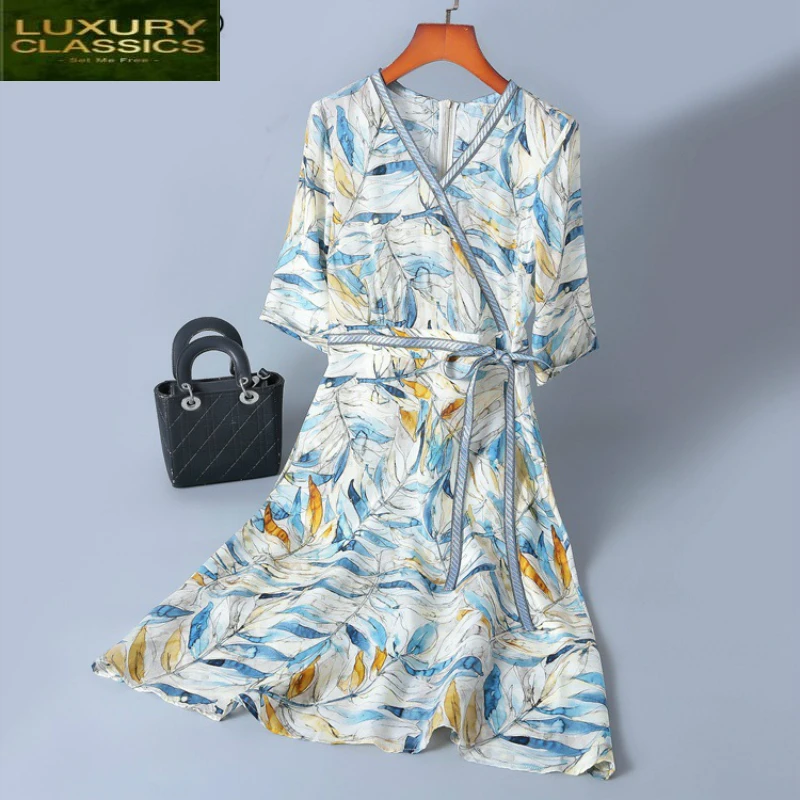 

Silk 100% Dress Real Women Summer Dress Floral Print Elegant Office Ladies Dresses Party Midi Beach Vestidos 2021 LWL1811