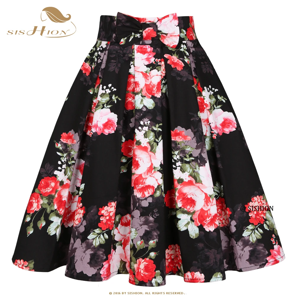 SISHION 2026 Summer Women Skirts SS0012 High Waist Y2K Pleated Bow Pocket Femme Jupes Midi Black Floral Skirt Ladies