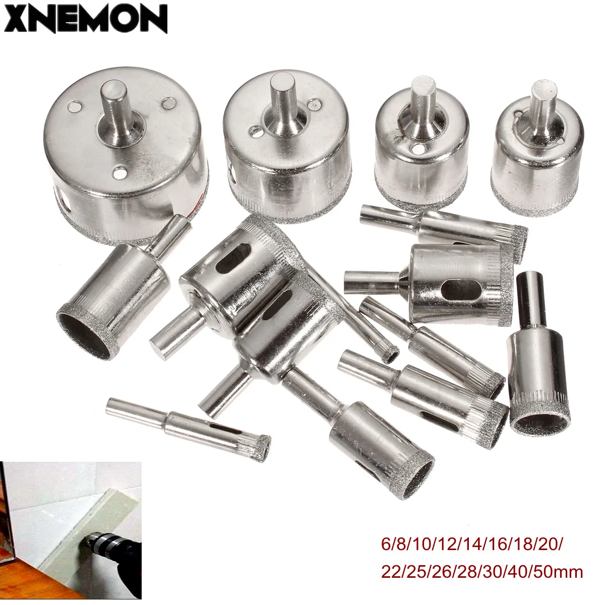 XNEMON 15Pcs 6mm-50mm Diamond Holesaw Drill Bit Tool for Ceramic Porcelain Glass 6/8/10/12/14/16/18/20/22/25/26/28/30/40/50m