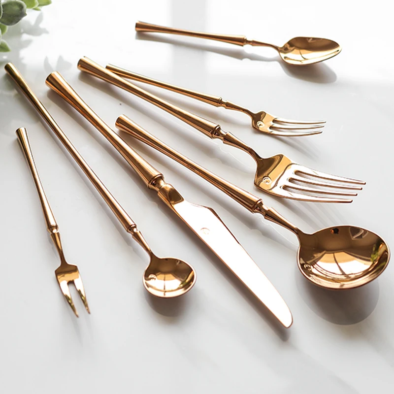 Rose Gold Cutlery Dinnerware Dropshipping Mirror Polished Knife Fork Soup Spoon Chopsticks Silverware Tableware Stainless Steel