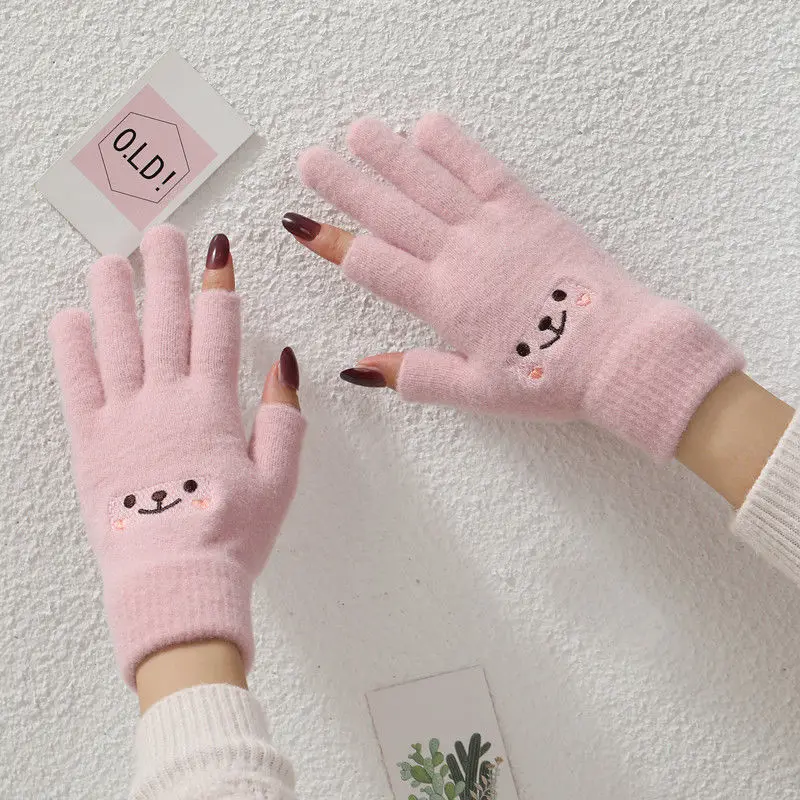 New Arrival Warm Female Winter Adult Smiling Face Fashion Plus Velvet Padded Gloves Cashmere Leaky Two-finger Gloves