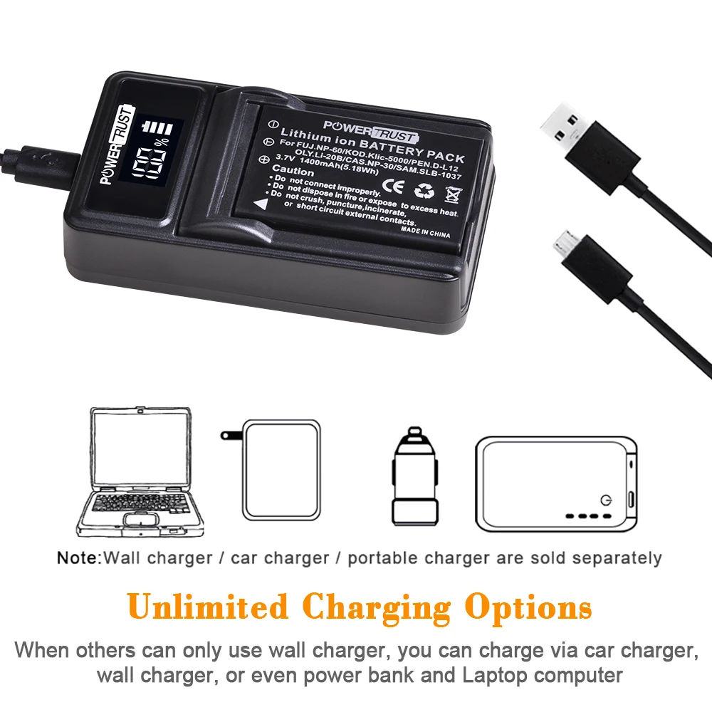 NP-60 NP60 Battery and LED Charger for Fujifilm NP-60 Kodak KLIC-5000 Samsung SLB-1137 Olympus LI-20B FinePix 50i 601 F401