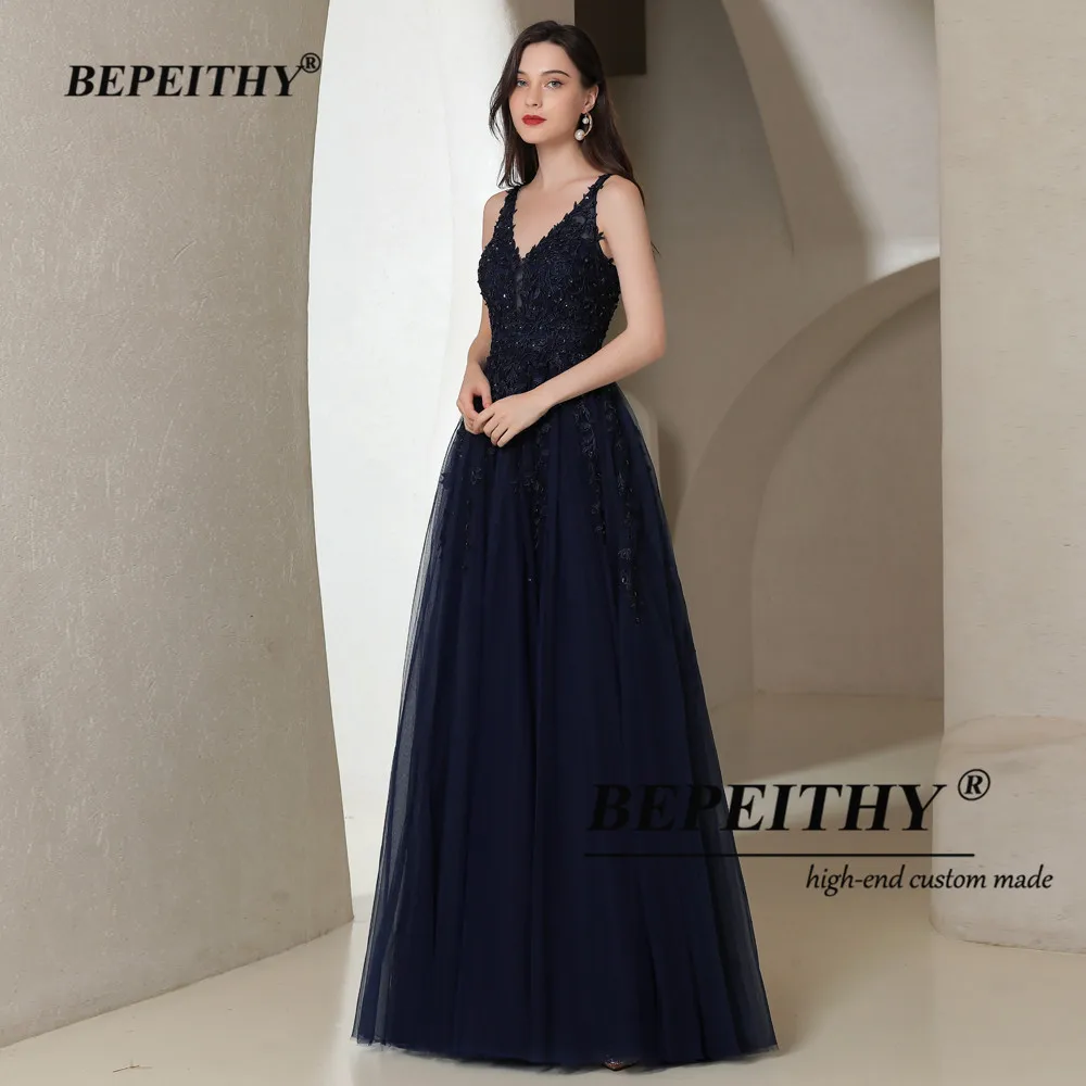 BEPEITHY Customized Navy Blue Long Evening Dresses For Women 2023 V Neck Sleeveless Prom Dress For Womens Elegant Luxury Gowns