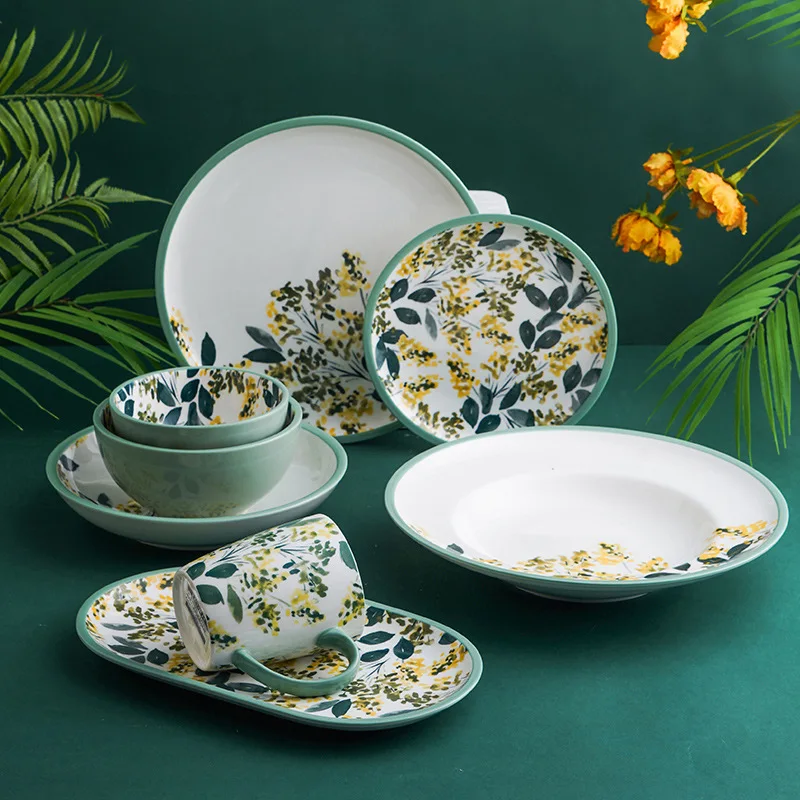 LingAo French Pastoral Style Fresh Flower Ceramics, Bowl, Plate, Soup Plate, Cup Set