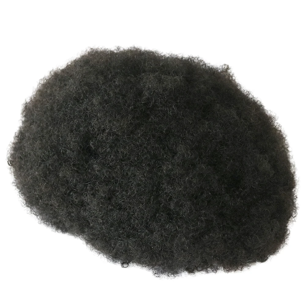 Peluca Afro rizada para hombres, peluquín con Base de piel para personas negras, unidad de cabello rizado Popular # 1b, Color negro Natural, 6mm, 8mm, 10mm