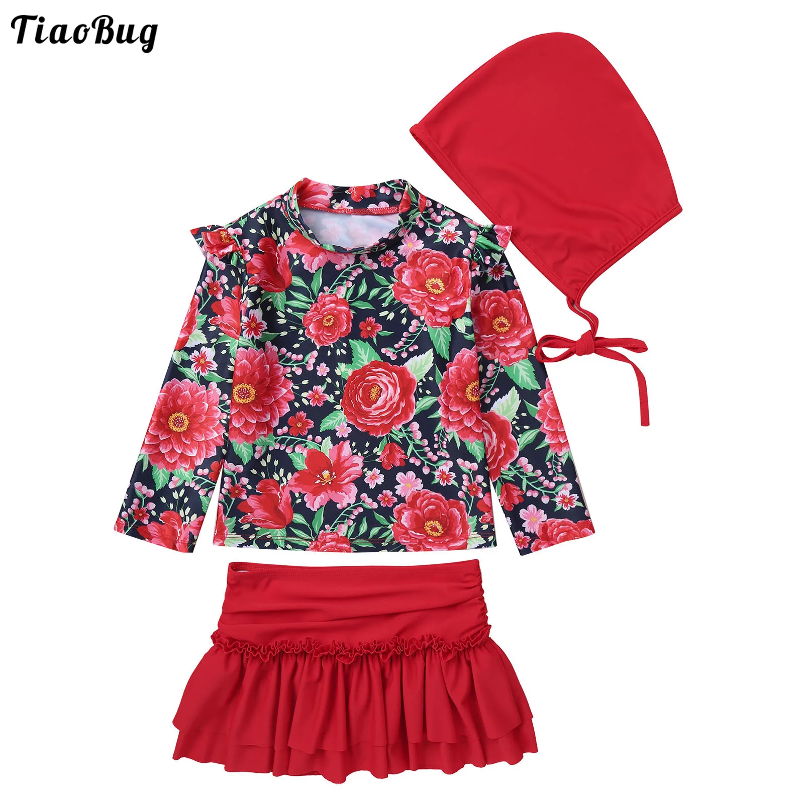 

TiaoBug 3Pcs Kids Girls Floral Print Swimming Suit Round Neck Long Sleeves Tops And Pleated Skirt With Built-In Briefs And Hat