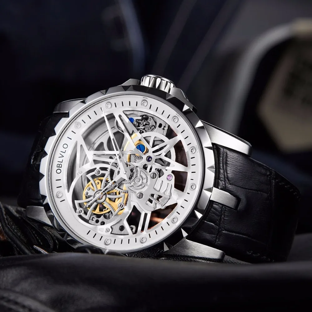 Reloj de marca de lujo para hombre, relojes automáticos para hombre, reloj de pulsera mecánico de diseño OBLVLO para hombre, reloj de pulsera mecánico con esfera grande, correa de cuero