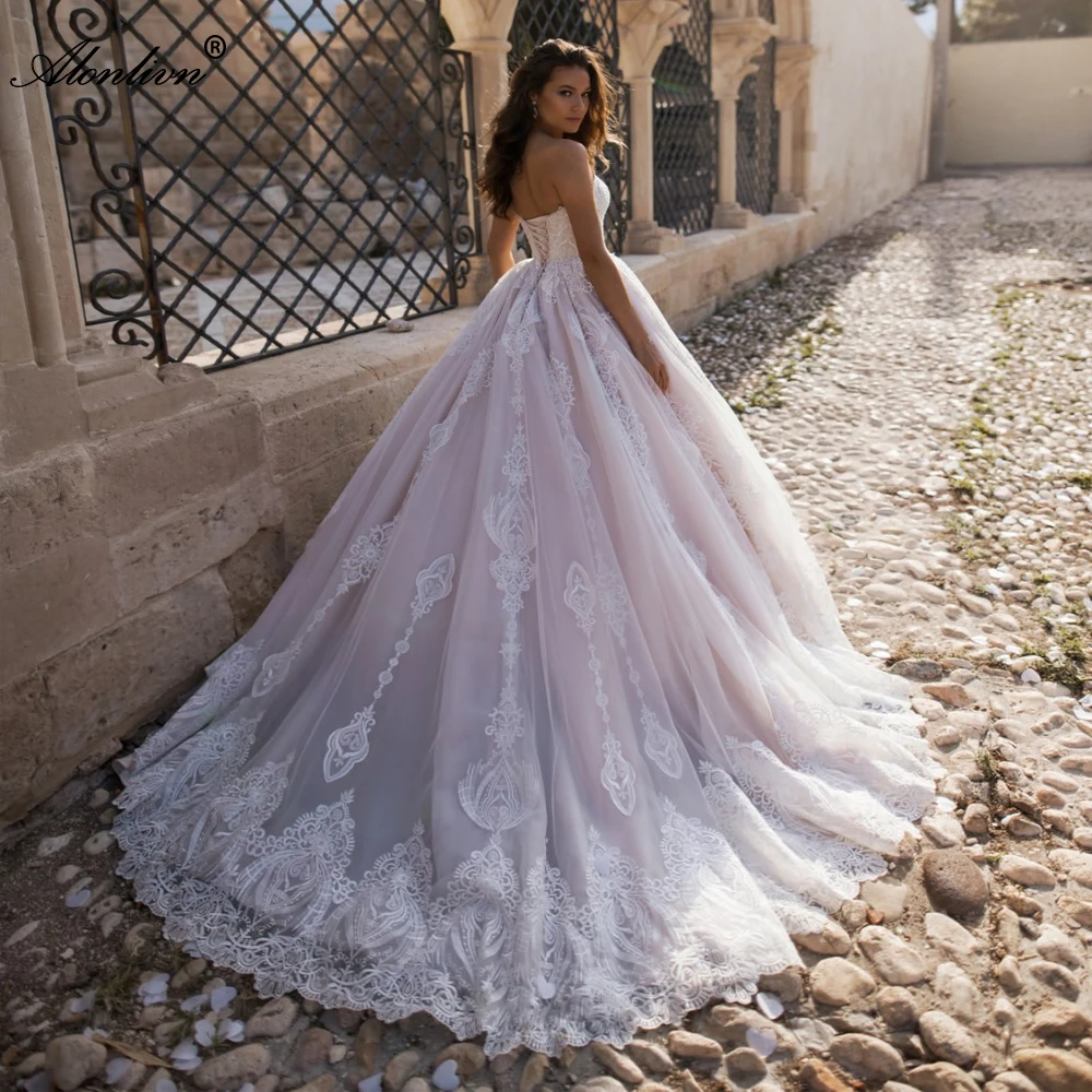 

Alonlivn Wedding Gowns Strapless Off The Shoulder Lace Up Appliques Tulle A-Line Wedding Dresses