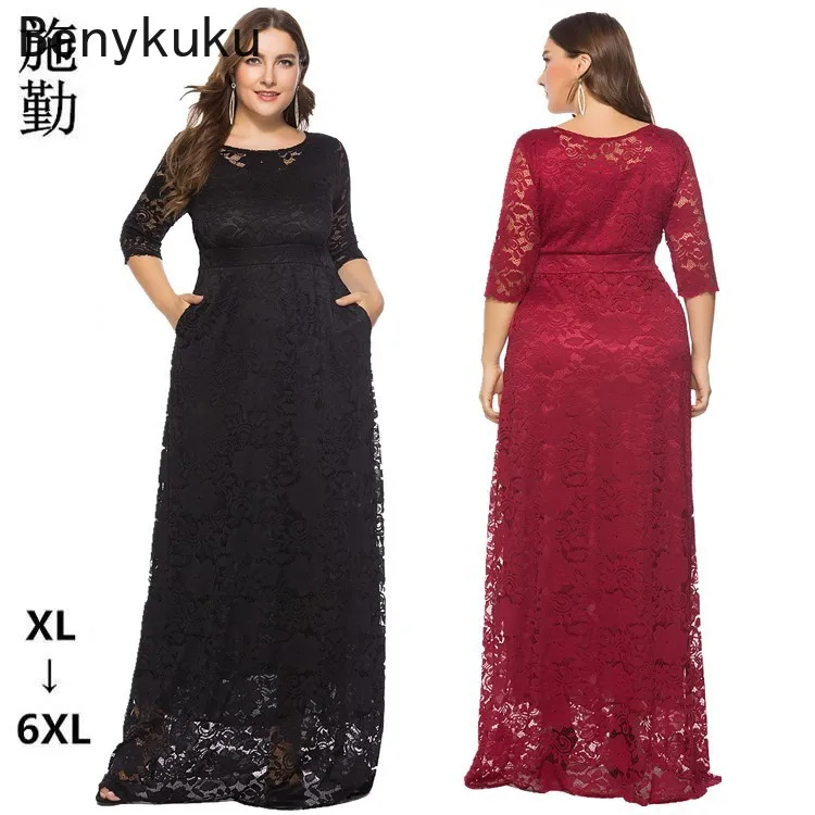 Large Size 6XL O-neck Lace Evening Dress Hollow Out Long Prom Gown Pockets Half Sleeve Formal Dress Robe Femme 2024 Women Dress