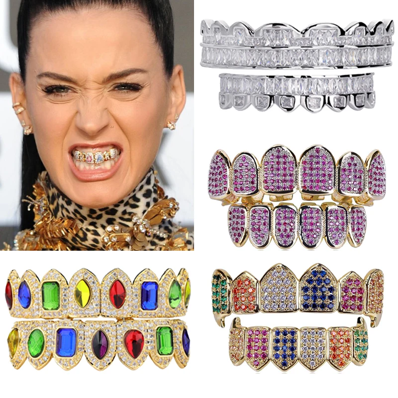 

Gold Full Colorful CZ Zirconia Iced Out Grillz Brace Punk Hip Hop Dental Mouth Fang Grills Vampire Tooth Cap Cosplay Rap Jewelry