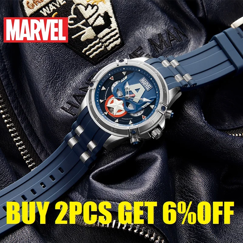 Marvel For Mens Watches Avengers Captain America Quartz New Casual Wristwatch 3D Stereo Dial Coated Glass Multiple Time Zone 50m