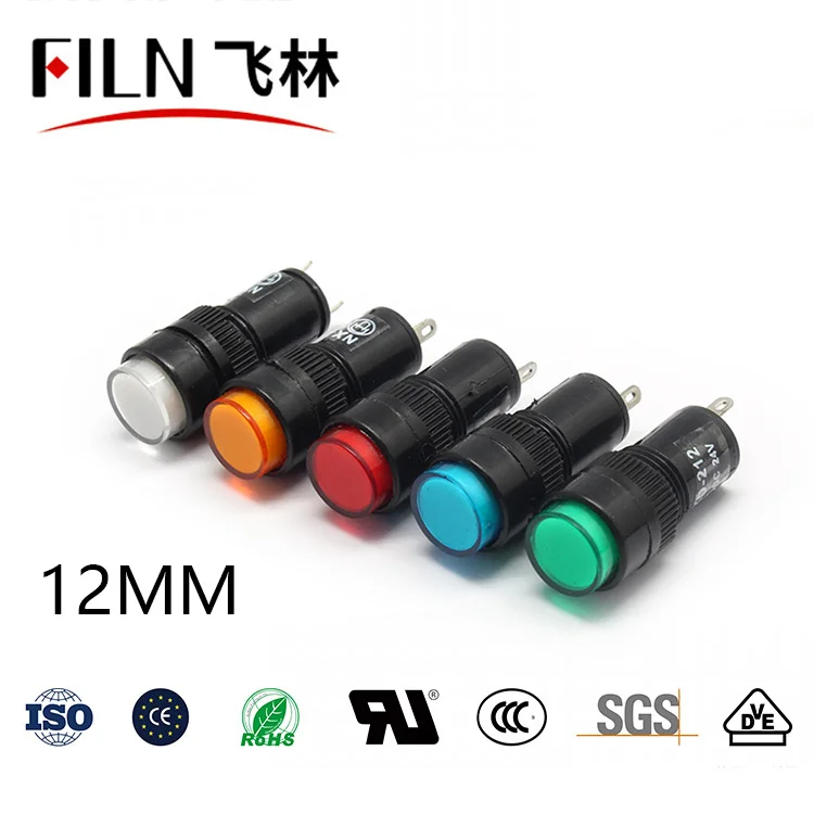 FILN Plastic thread 12mm 12v 6v 110v 220v led indicator light signal lamp red green blue pilot light