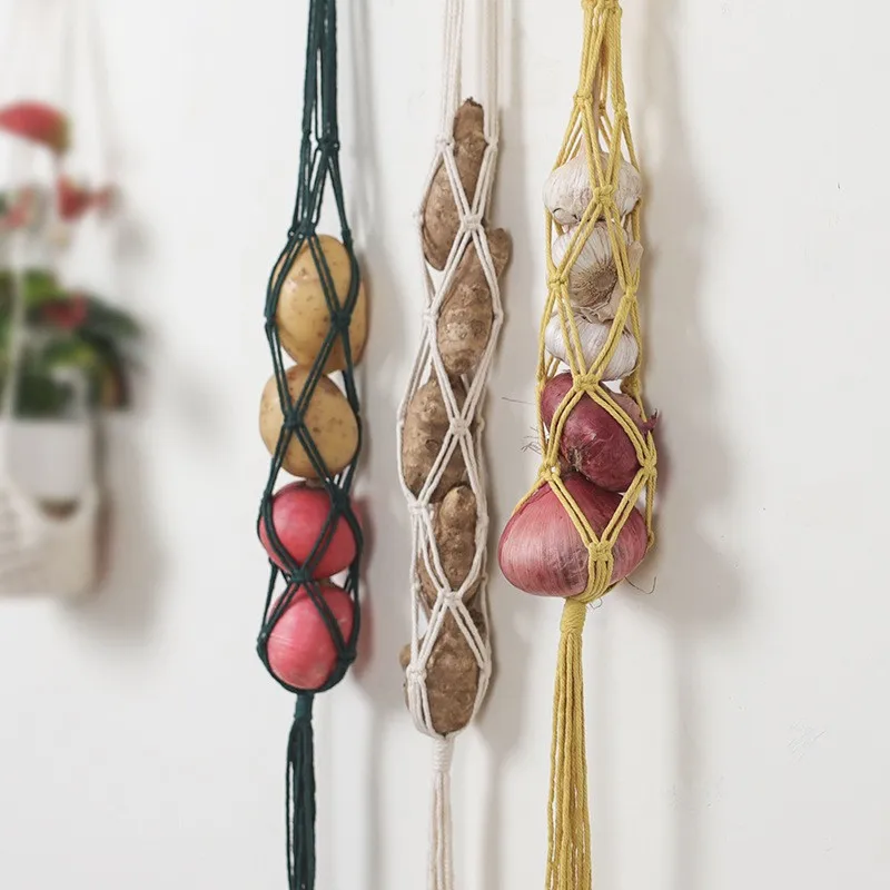 Cotton Woven Fruit Basket Potato Onion Hanging Vegetable Storage Kitchen Organizer Wall Hanging Storage Boho Interior Decor