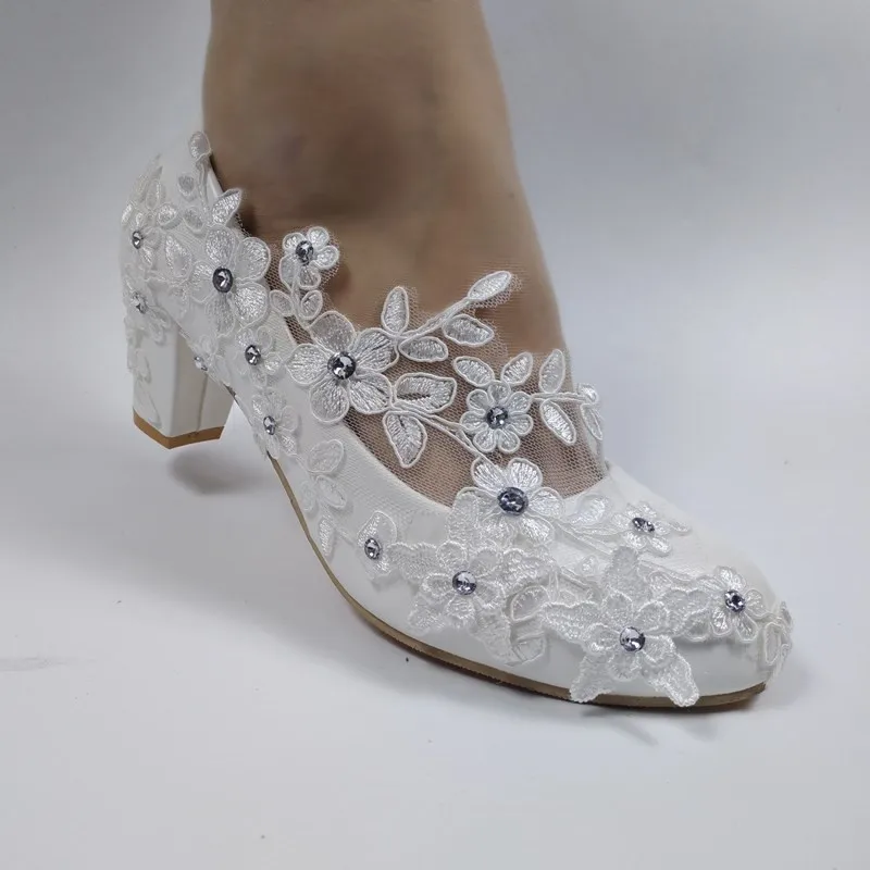 

2020 New arrival Women wedding shoes Bridesmaid Dress shoes 6.5cm Thick Heeled Med Heel Shoes white Lace shoes flower shoes