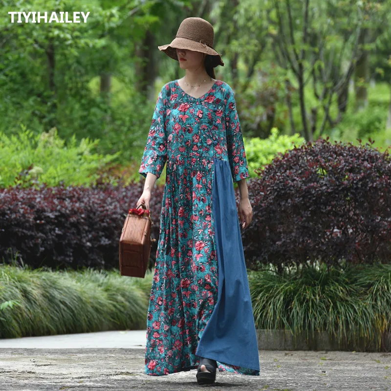 

TIYIHAILEY Free Shipping A-line Cotton Linen Long Maxi Dress Women Loose V-neck Three Quarter Summer Print Patchwork Dresses