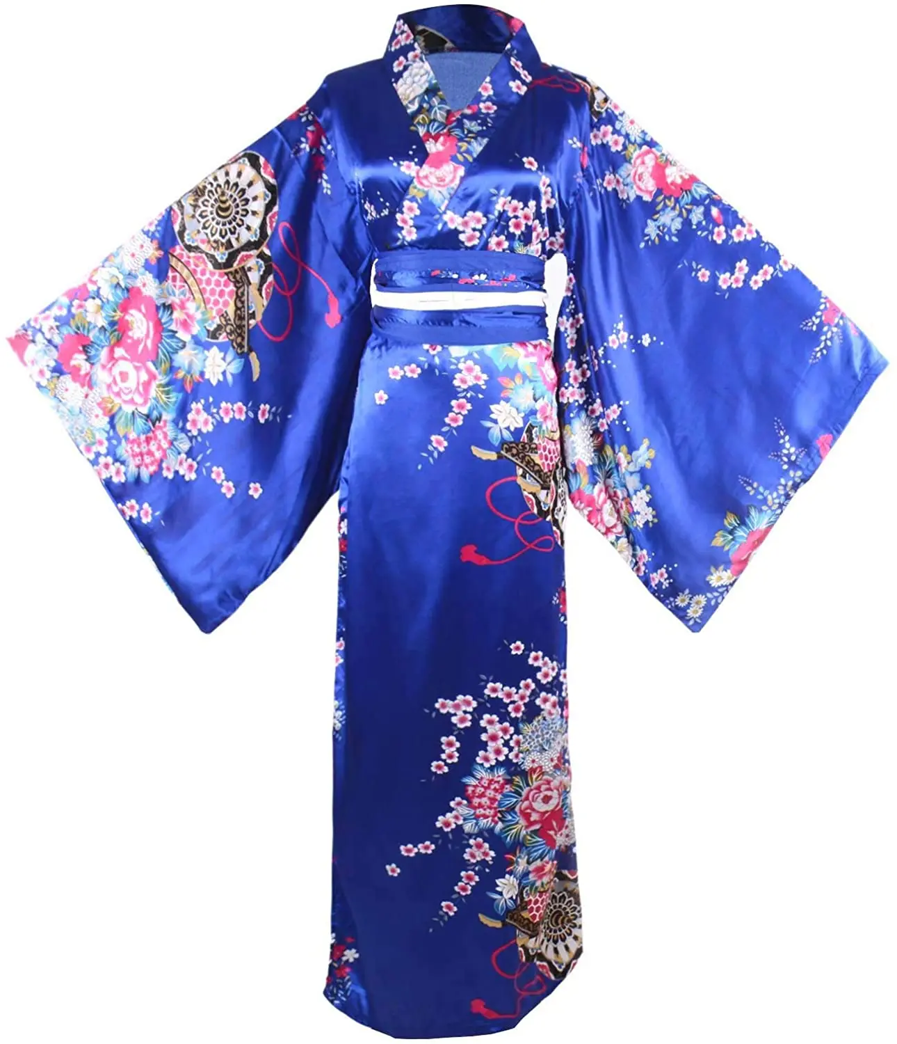 Women\'s Kimono Costume Adult Japanese Geisha Yukata Sweet Floral Patten Gown Blossom Satin Bathrobe Sleepwear with OBI Belt