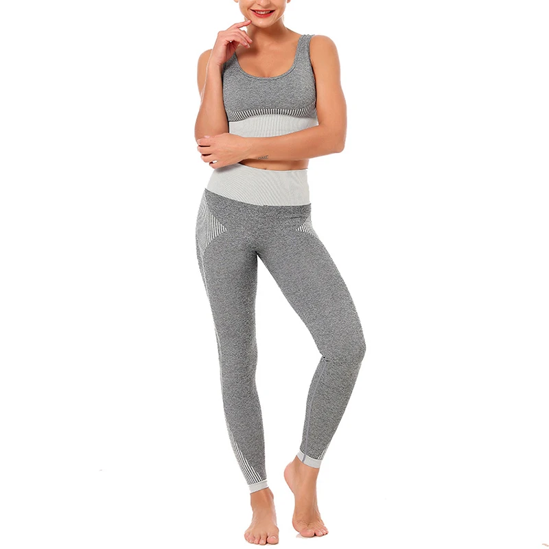 Seamless Yoga Set Fitness Bra+Leggings Women Sportswear Striped Tracksuit Athletic Running Suit Female Cotton blended Breathable