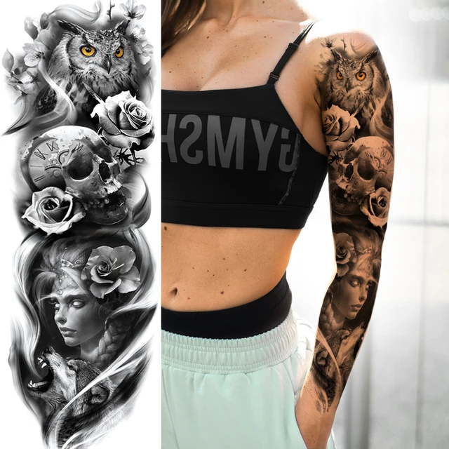 Party Supplies Favor Temporary Sleeve Tattoos For Women Fake Skull Owl Lion Wolf Tatoo Full Arm Sleeve Black Body Art Decoration Temporary Tattoos