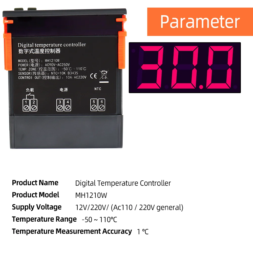 MH1210W Temperature Controller DC12V DC24V AC110-220V Thermometer Thermoregulator Thermostat -50~110 C NTC Sensor For Incubator