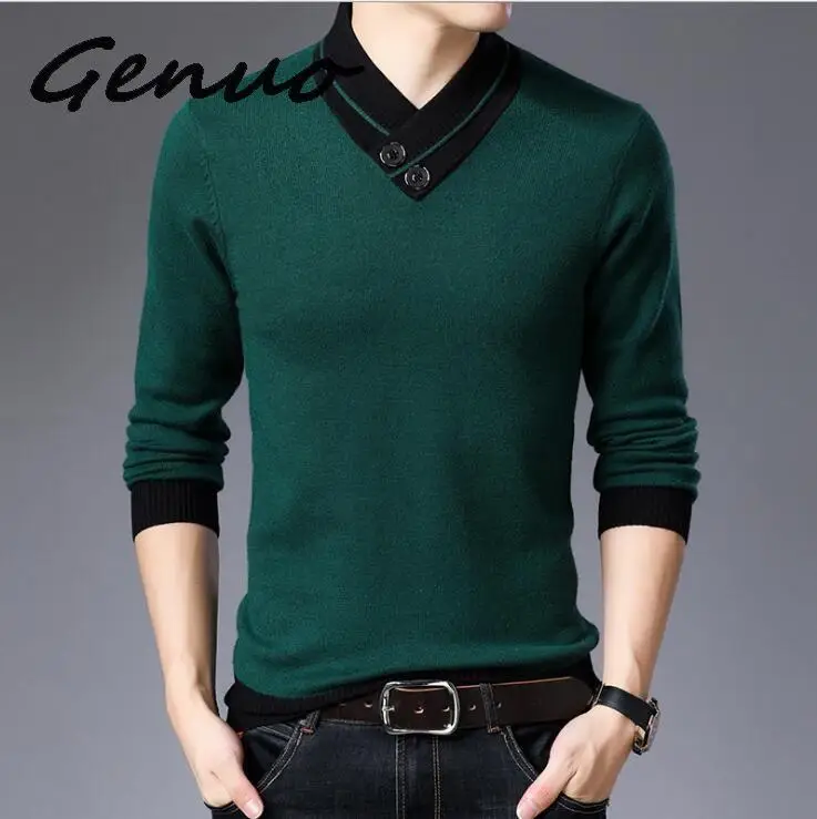 

Genuo New 2020 Sweater Men Autumn Winter Thick Warm Cashmere Wool Pullover Men Button Turtleneck Pull Homme Knitwear Tops