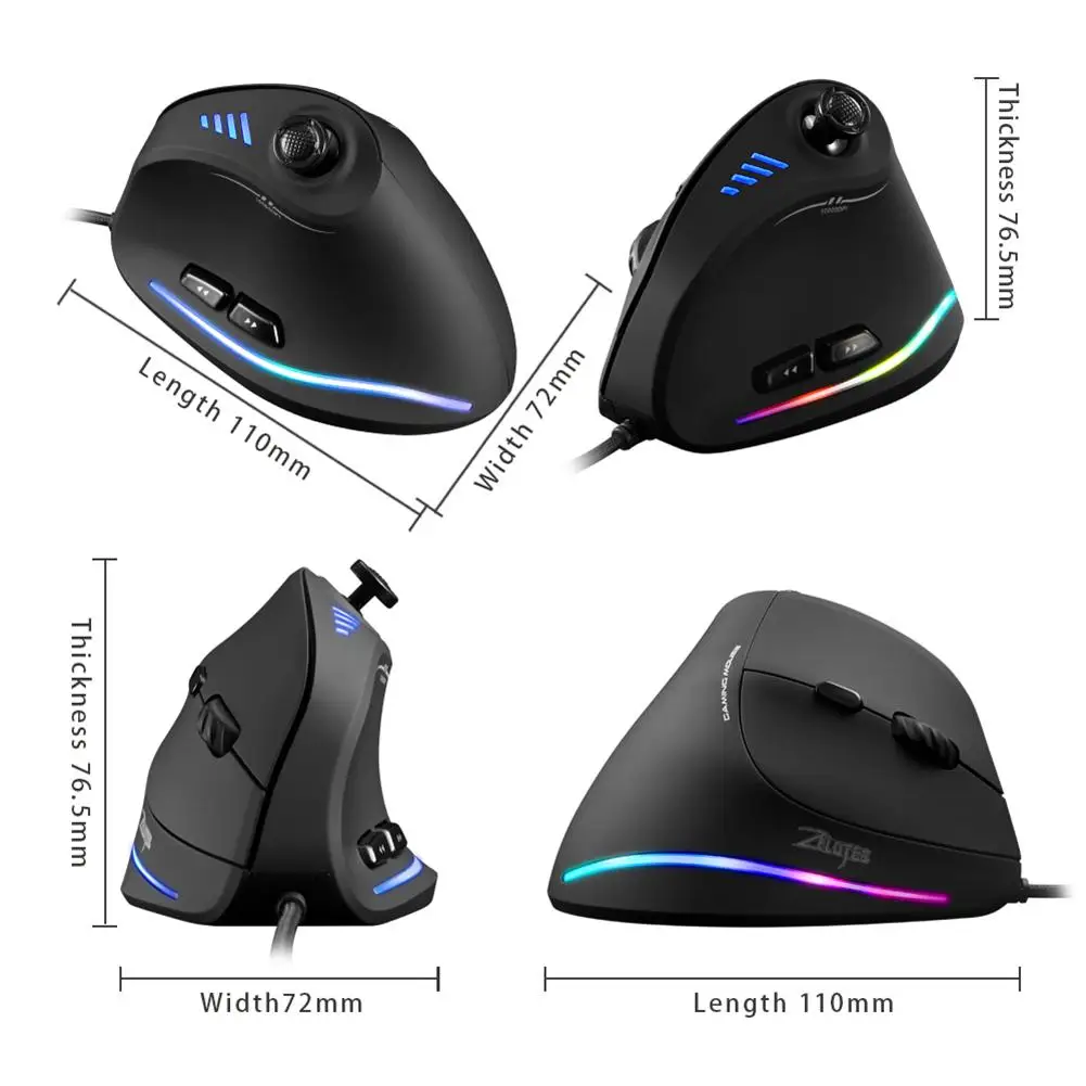 สำหรับ ZELOTES เมาส์สำหรับเล่นเกมแนวตั้ง USB แบบมีสาย RGB Optical Mouse 11ปุ่ม10000 DPI Ergonomic Gamer Mice
