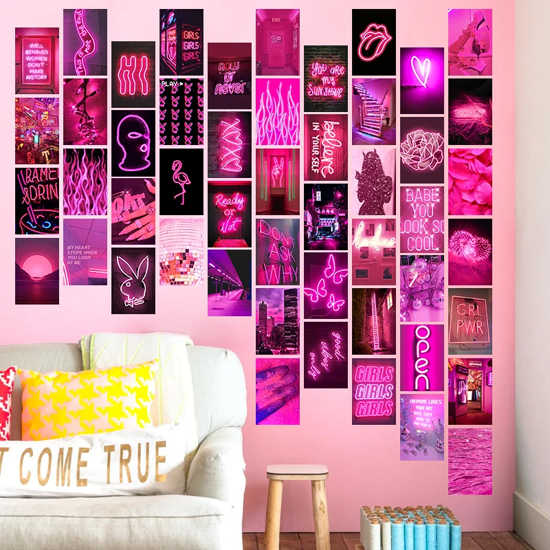 50Pcs Pink Neon Aesthetic Wall Collage Kit Room Bedroom Living Home Decoration Posters Warm Color Ornament Photo Gift for Adult