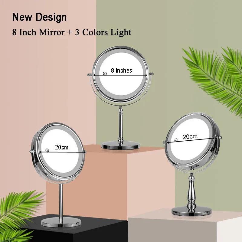 Big Size 8Inch Double Sided Vanity Makeup LED Mirror 3X Magnification , 3Colors Touch Control, Tabletop Cosmetic Mirror