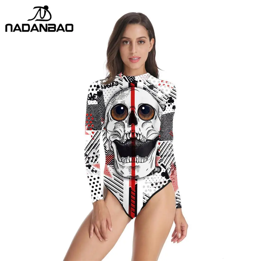 NADANBAO Swimsuit Women Long Sleeve Halloween Sexy One Piece Swimsuit Printed Sport Swimwear Beach Party Swimming Suit