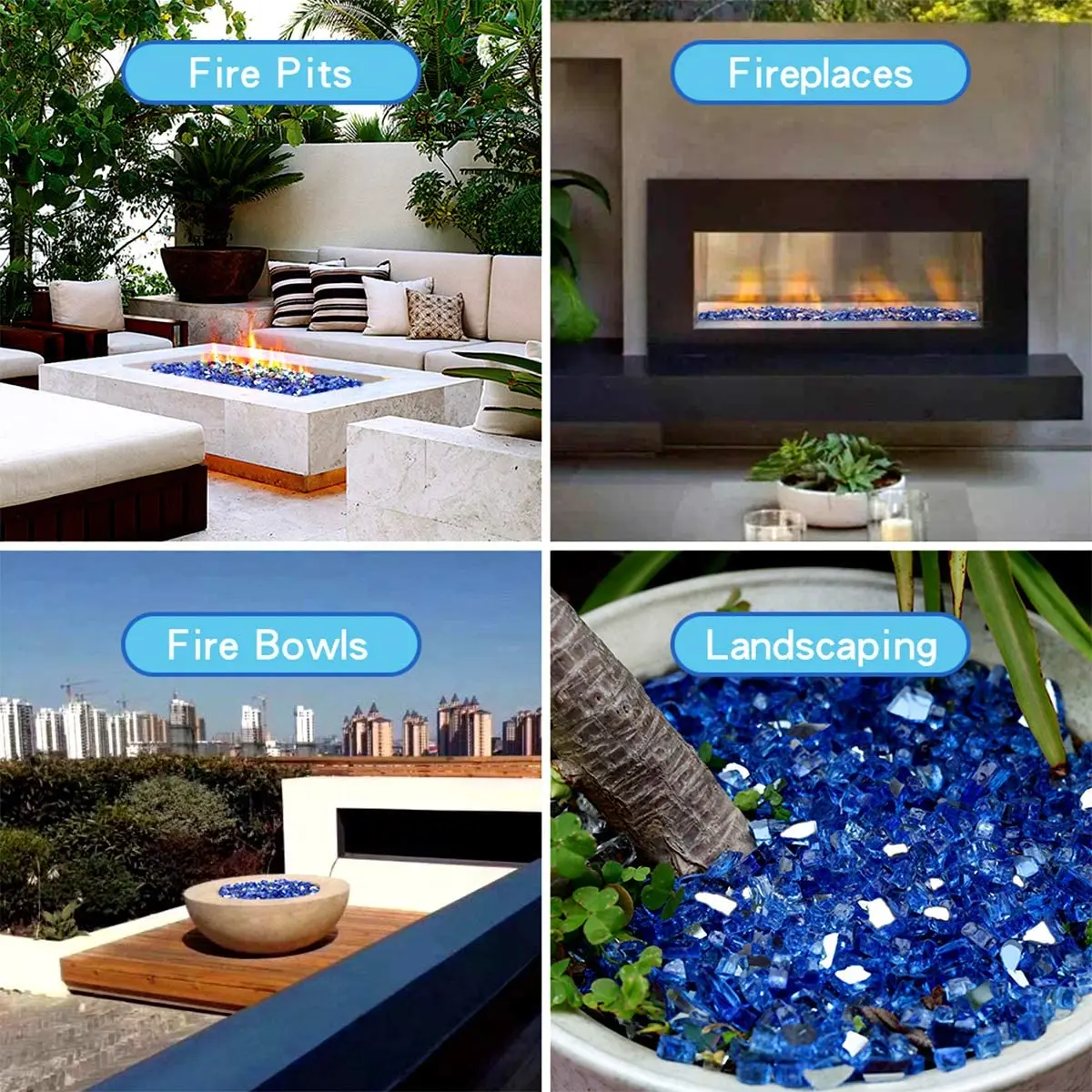 Fire Glass for Fire Pit Fireplace Landscaping, 1/2-Inch Cobalt Blue Reflective