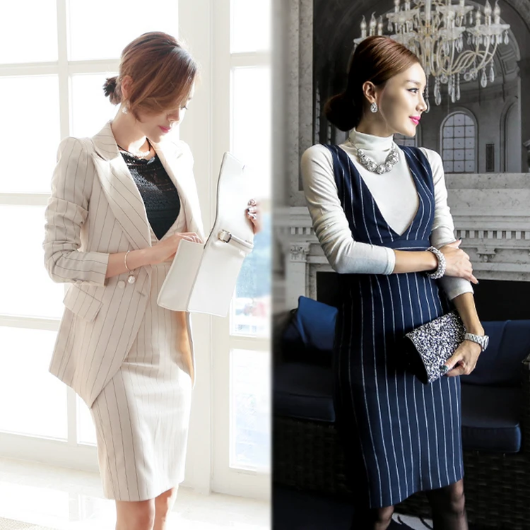 women\'s suits office  autumn winter Striped fashion business 2 piece suit skirt top women\'s suit with a skirt blazer set ladies