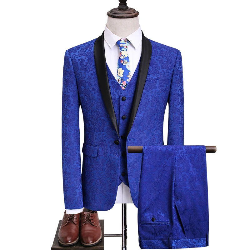 

Men Suit Tuxedo Custom Made Wedding Suits For Men Tailored Blue flower Mens Suits With Vest Pants Costume Homme Mariage