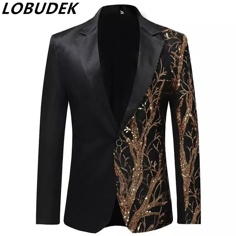 Men's Single Side Sequins Suit Jacket Stage Wear Tide Male Concert Nightclub Bar Performance Coat Slim Fit Costume Plus Size