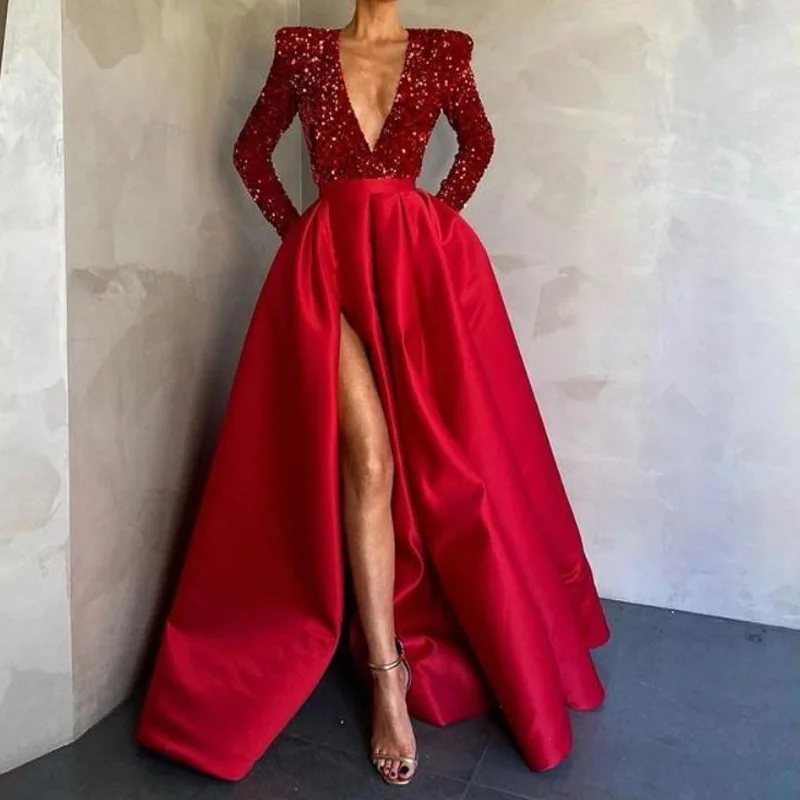 Vermelho do baile de formatura vestidos femininos lantejoulas cetim com decote em v infront split vestidos longos vestidos de festa de casamento vestidos de hóspedes vestido de dança