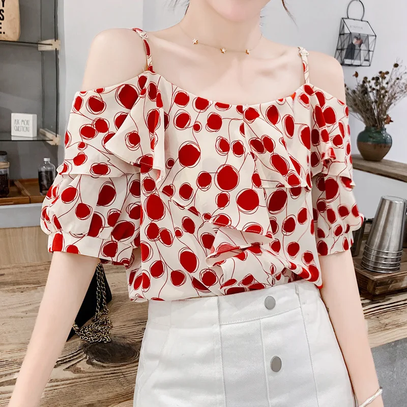 Off The Shoulder Tops For Women 2020 Summer Blouse Korean Ruffles Short Sleeve Red Polka Dot Chiffon Shirt Cold Shoulder Tops