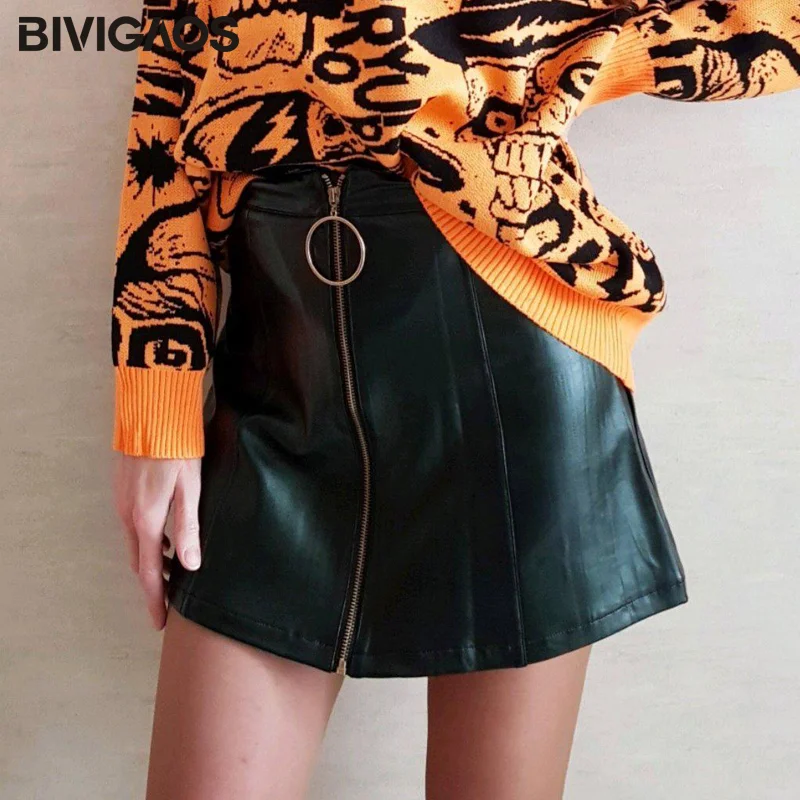 BIVIGAOS Women's New Fashion Korean High Waist Mini Skirts Big Ring Zip PU Leather Skirt A-line Skirt For Spring Autumn Winter