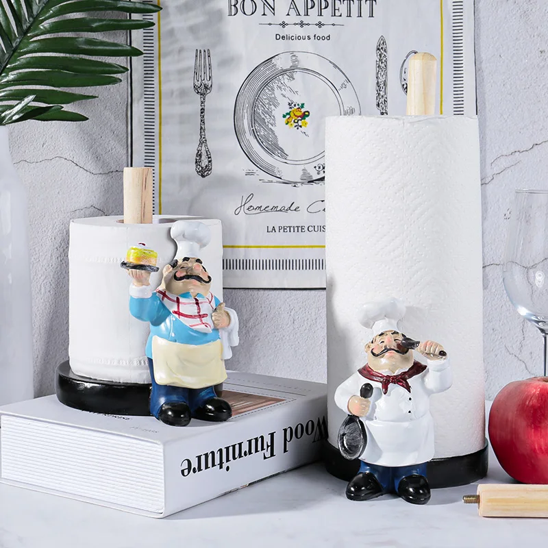 Creative Tissue Holder Resin Double-Layer Chef Figurines Paper Towel Rack Home Kitchen Cake Shop Restaurant Crafts Decoration