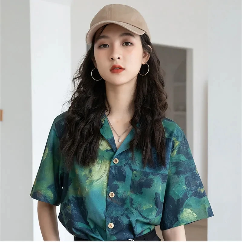 Women\'s Tie Dye Printing Shirt Loose Shirt Short Sleeve Button Up Blouses Summer Female Clothing Tops Y2K Street Style 2024