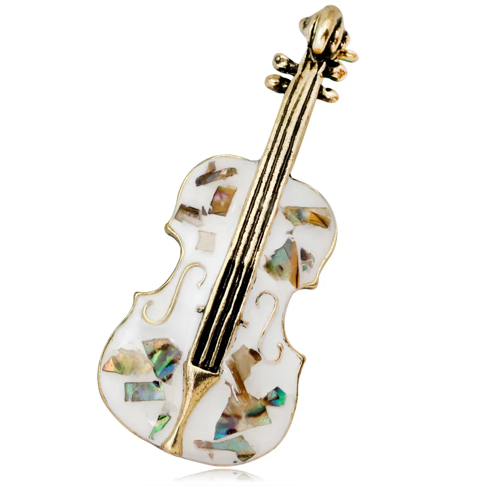 

Guitar Violin White Shell Brooches Pins Vintage Style Gold Antique For Women Brooch musical Instrument Music Designs AF086