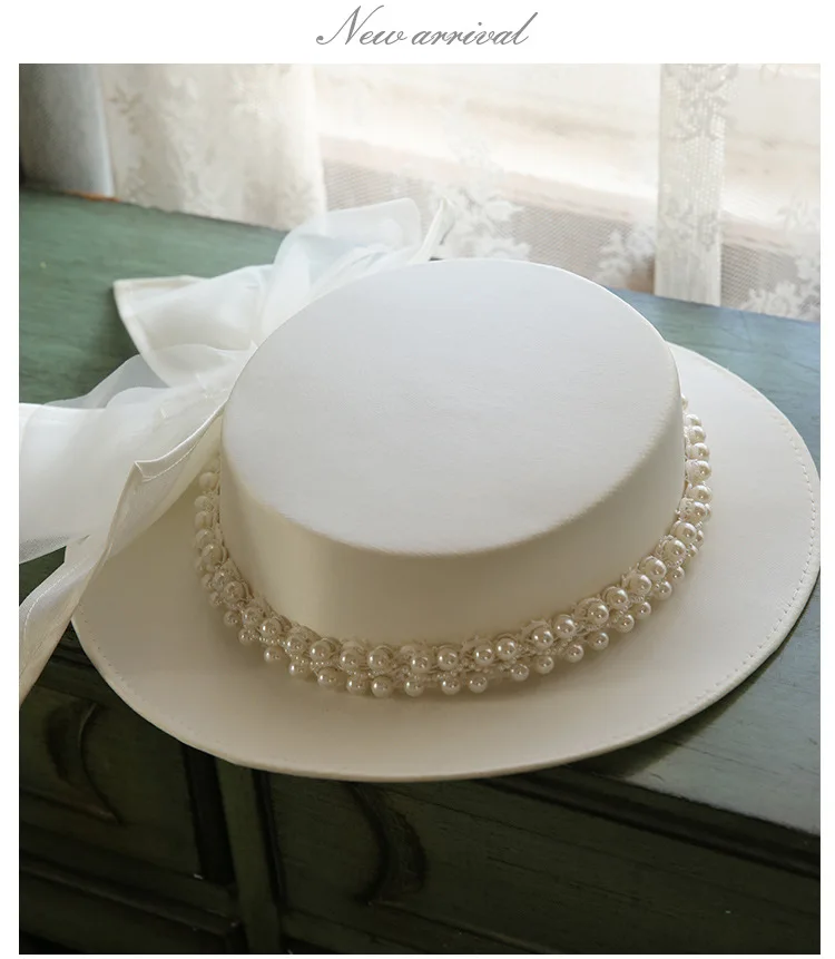 Sombreros de boda con lazos blancos para mujer, sombrero elegante con perlas, sombrilla, estilo Brithsh, sombrero de chupete, accesorios de boda, tocado nupcial