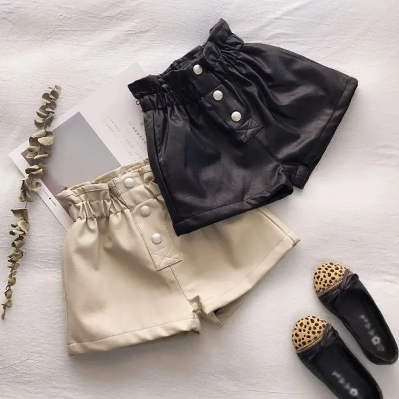 2022 New Girls' Velvet Leather Shorts Autumn Winter Clothes Korean Girls' Clothing Street Fashion High Waist Leather Shorts